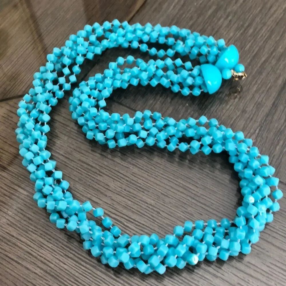 Vintage Blue Acrylic Square Beaded Muti Strand Necklace